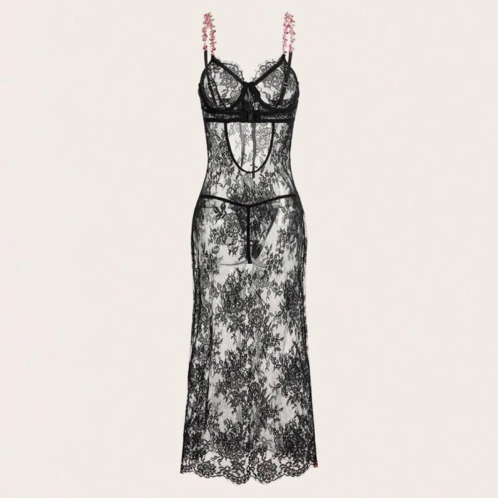 Robe Maxi Transparente En Dentelle Florale Pour Femmes Sexy Bretelles Spaghetti Maille Transparente Sous Vetements Exotiques Pyjama Erotique 13