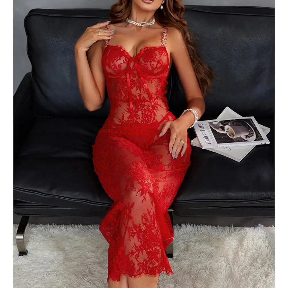 Robe Maxi Transparente En Dentelle Florale Pour Femmes Sexy Bretelles Spaghetti Maille Transparente Sous Vetements Exotiques Pyjama Erotique 17