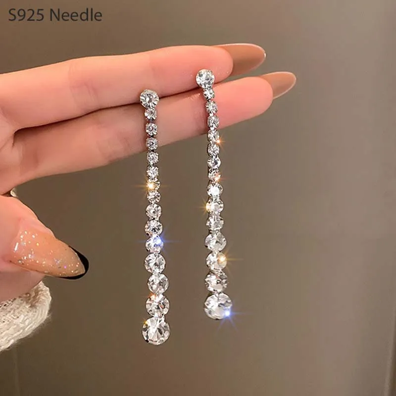Boucles d&rsquo;oreilles longues pendantes en argent pour femmes, strass brillants, CZ, mode féminine, boucles d&rsquo;oreilles de fête
